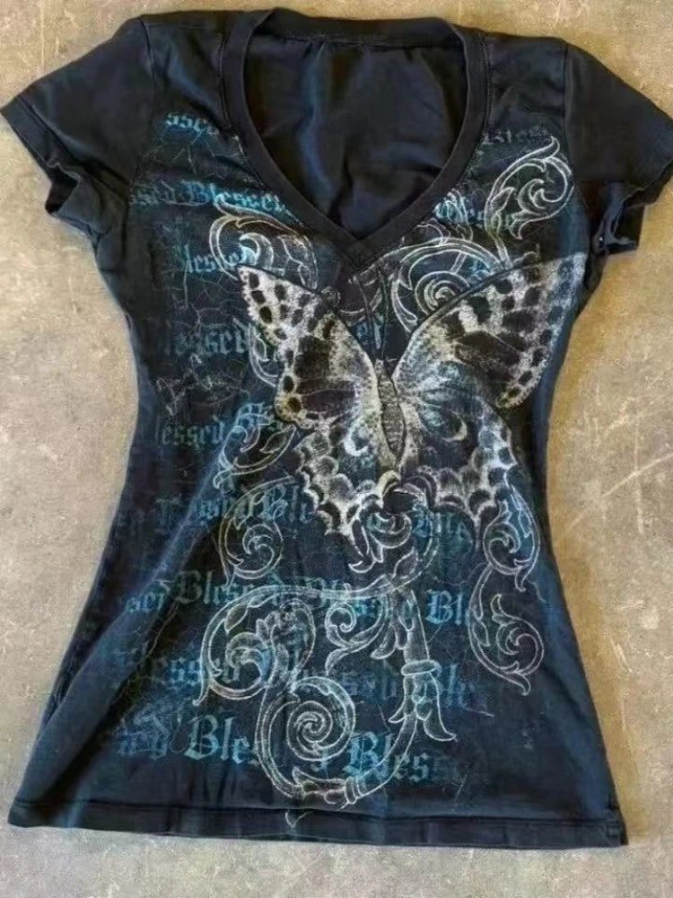 2025 Punk Gothic Grunge T-shirt Vintage Print Short Sleeve Women's Emo Tops Y2K Emo Aesthetic Sexy Streetwear Tees Casual New