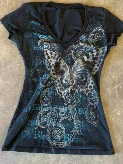 2025 Punk Gothic Grunge T-shirt Vintage Print Short Sleeve Women's Emo Tops Y2K Emo Aesthetic Sexy Streetwear Tees Casual New