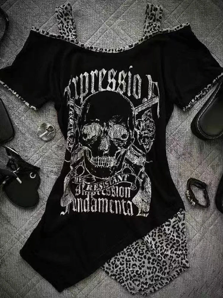 2025 Punk Gothic Grunge T-shirt Vintage Print Short Sleeve Women's Emo Tops Y2K Emo Aesthetic Sexy Streetwear Tees Casual New