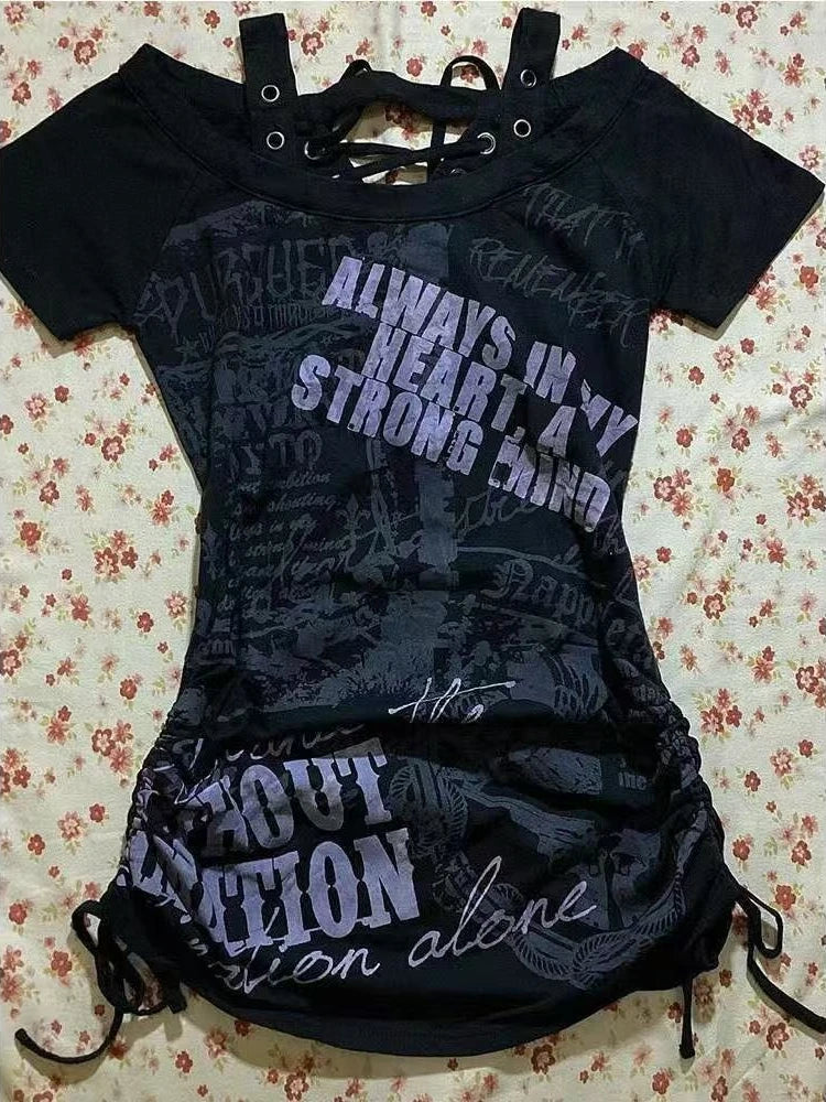 2025 Punk Gothic Grunge T-shirt Vintage Print Short Sleeve Women's Emo Tops Y2K Emo Aesthetic Sexy Streetwear Tees Casual New