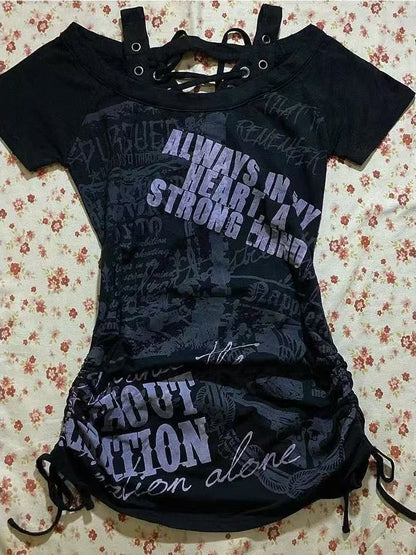 2025 Punk Gothic Grunge T-shirt Vintage Print Short Sleeve Women's Emo Tops Y2K Emo Aesthetic Sexy Streetwear Tees Casual New