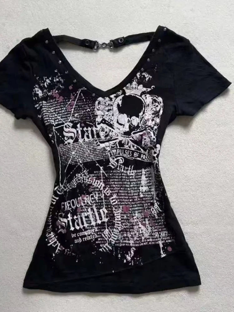2025 Punk Gothic Grunge T-shirt Vintage Print Short Sleeve Women's Emo Tops Y2K Emo Aesthetic Sexy Streetwear Tees Casual New