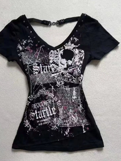 2025 Punk Gothic Grunge T-shirt Vintage Print Short Sleeve Women's Emo Tops Y2K Emo Aesthetic Sexy Streetwear Tees Casual New