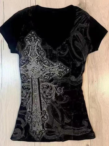 2025 Punk Gothic Grunge T-shirt Vintage Print Short Sleeve Women's Emo Tops Y2K Emo Aesthetic Sexy Streetwear Tees Casual New