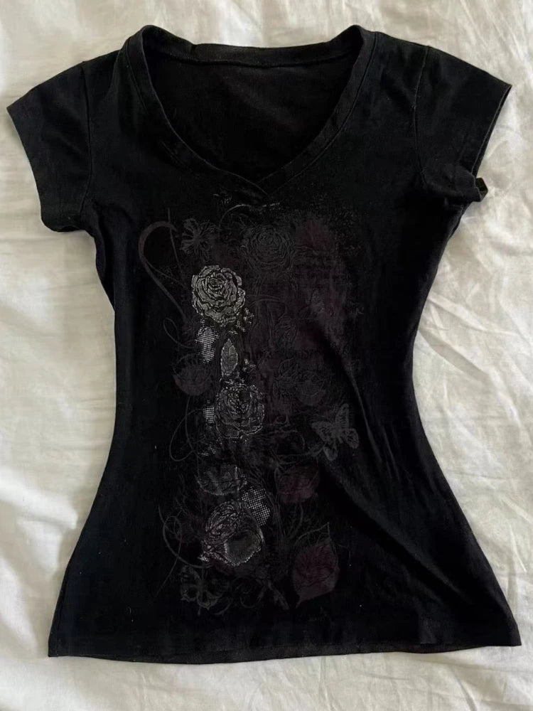 2025 Punk Gothic Grunge T-shirt Vintage Print Short Sleeve Women's Emo Tops Y2K Emo Aesthetic Sexy Streetwear Tees Casual New