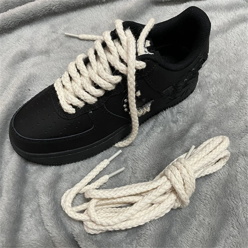 1 Pair Round Shoe Laces Linen Weave Cotton Shoelaces For Sneakers Canvas Shoes Accessories Wear-resistant Shoelace Shoestring
