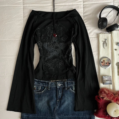 American retro cute Harajuku Emo sweet and spicy slim fit women's white casual T-shirt Gothic street long sleeved top Emo girl